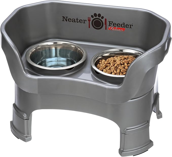 A dog feeder with two bowls and one large bowl.