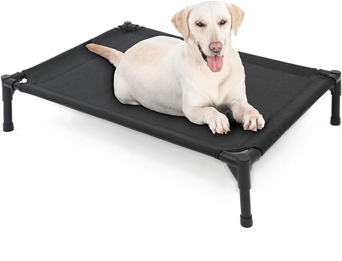 A dog laying on top of a black bed.